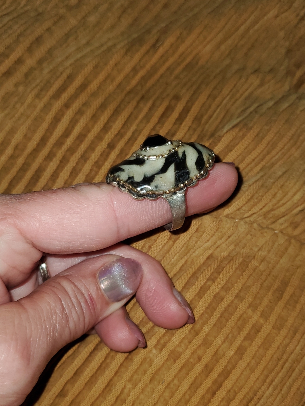 Black and Cream Zebra Stone Adjustable Ring - Reptile Accessory